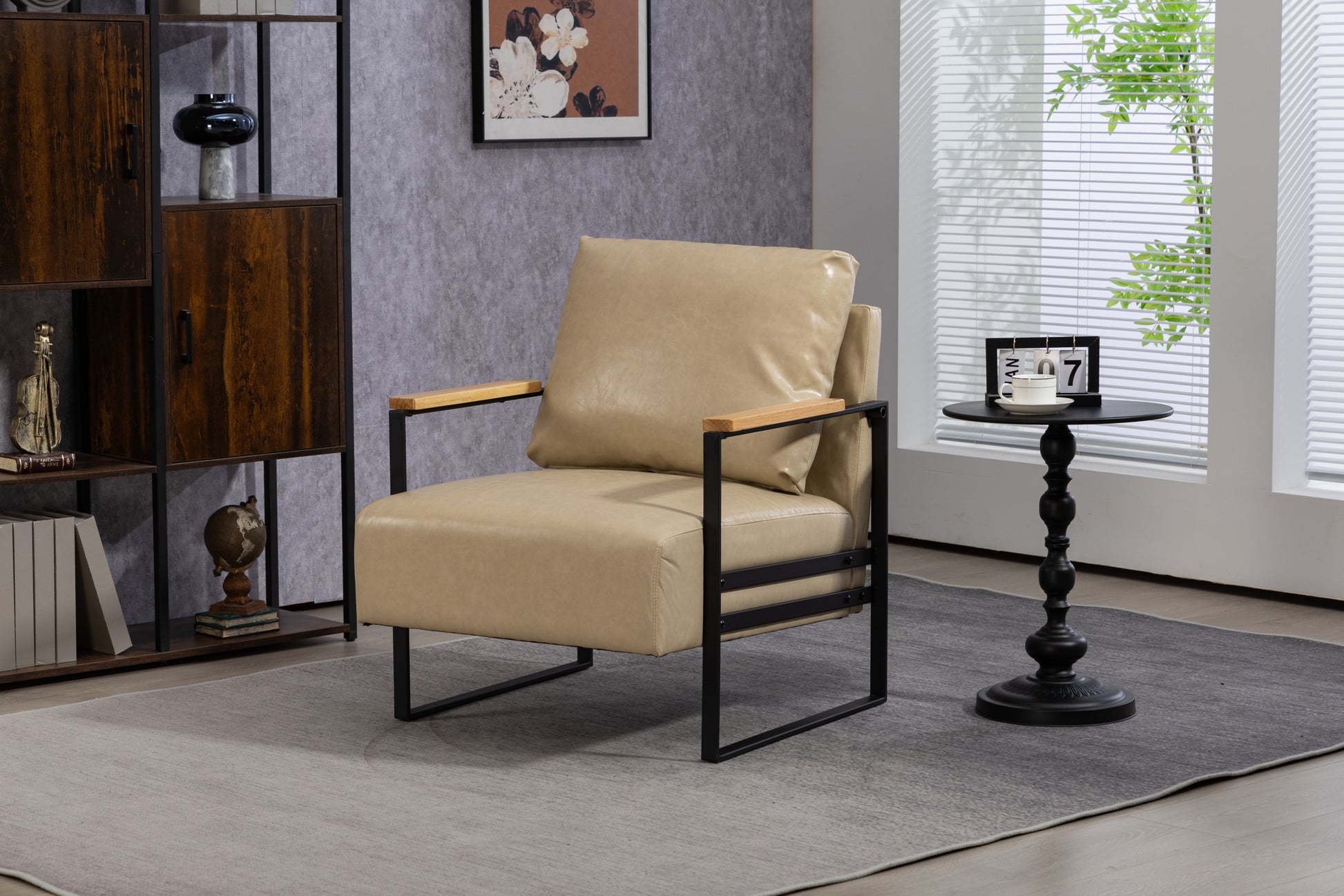 Leather Accent Chair Guest Chair For Living Room, Mid Century Armchair For Bedroom Khaki Pu