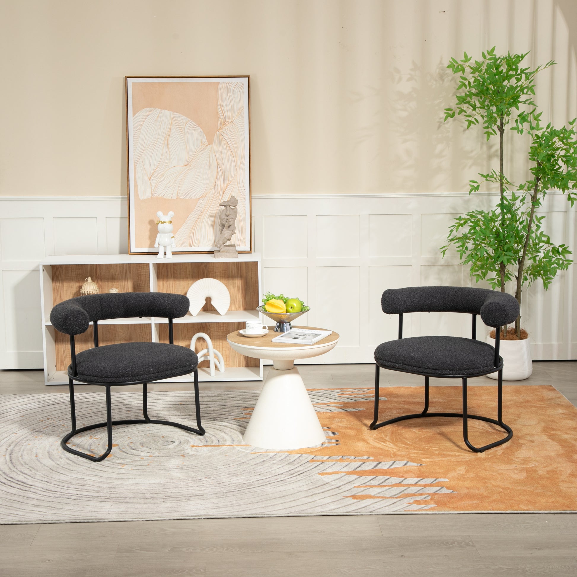 Coolmore Boucle Dining Chairs Set Of 2, Mid Century Modern Curved Backrest Chair, Round Upholstered Kitchen Chairs Carbon Black Boucle Carbon Black Foam Mdf Metal