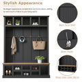 Farmhouse Wooden Style 78''H Modern Hall Tree With Wide Storage Seating Bench, Entryway Shoe Cabinet With 13 Compartments, Elegant Coat Rack With 6 Hooks For Mudroom, Living Room, Black Black Primary Living Space Particle Board