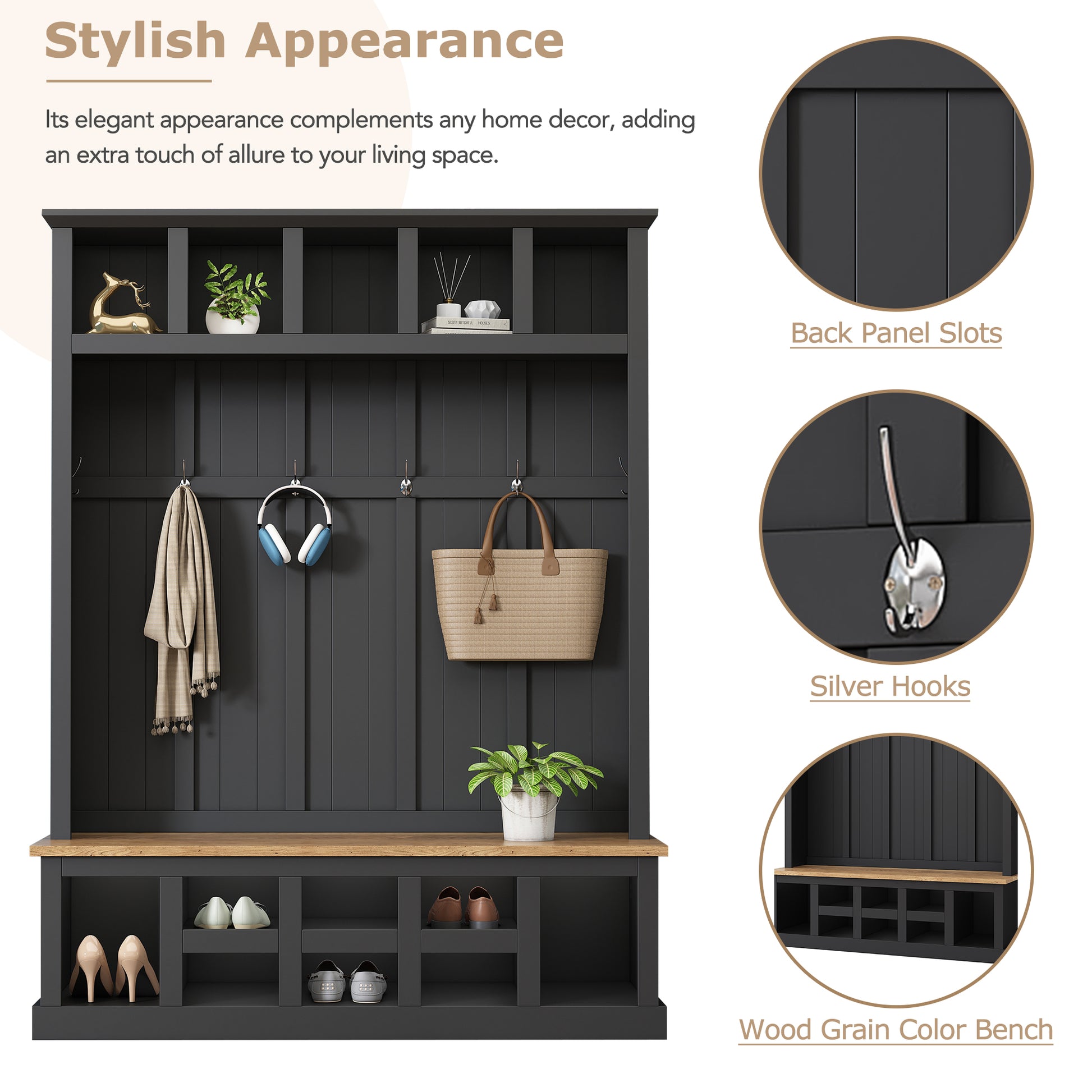 Farmhouse Wooden Style 78''H Modern Hall Tree With Wide Storage Seating Bench, Entryway Shoe Cabinet With 13 Compartments, Elegant Coat Rack With 6 Hooks For Mudroom, Living Room, Black Black Primary Living Space Particle Board