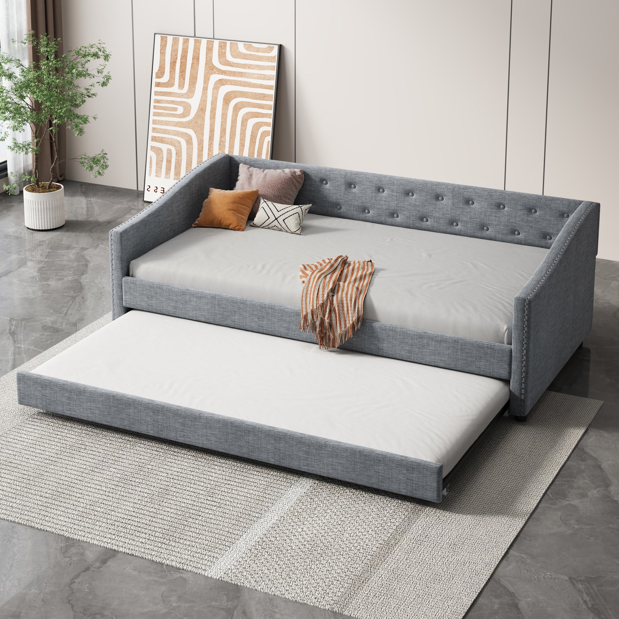 Twin Size Daybed With Twin Size Trundle Upholstered Tufted Sofa Bed, With Button On Back And Copper Nail On Waved Shape Arms Light Grey Twin Light Grey Wood Fabric