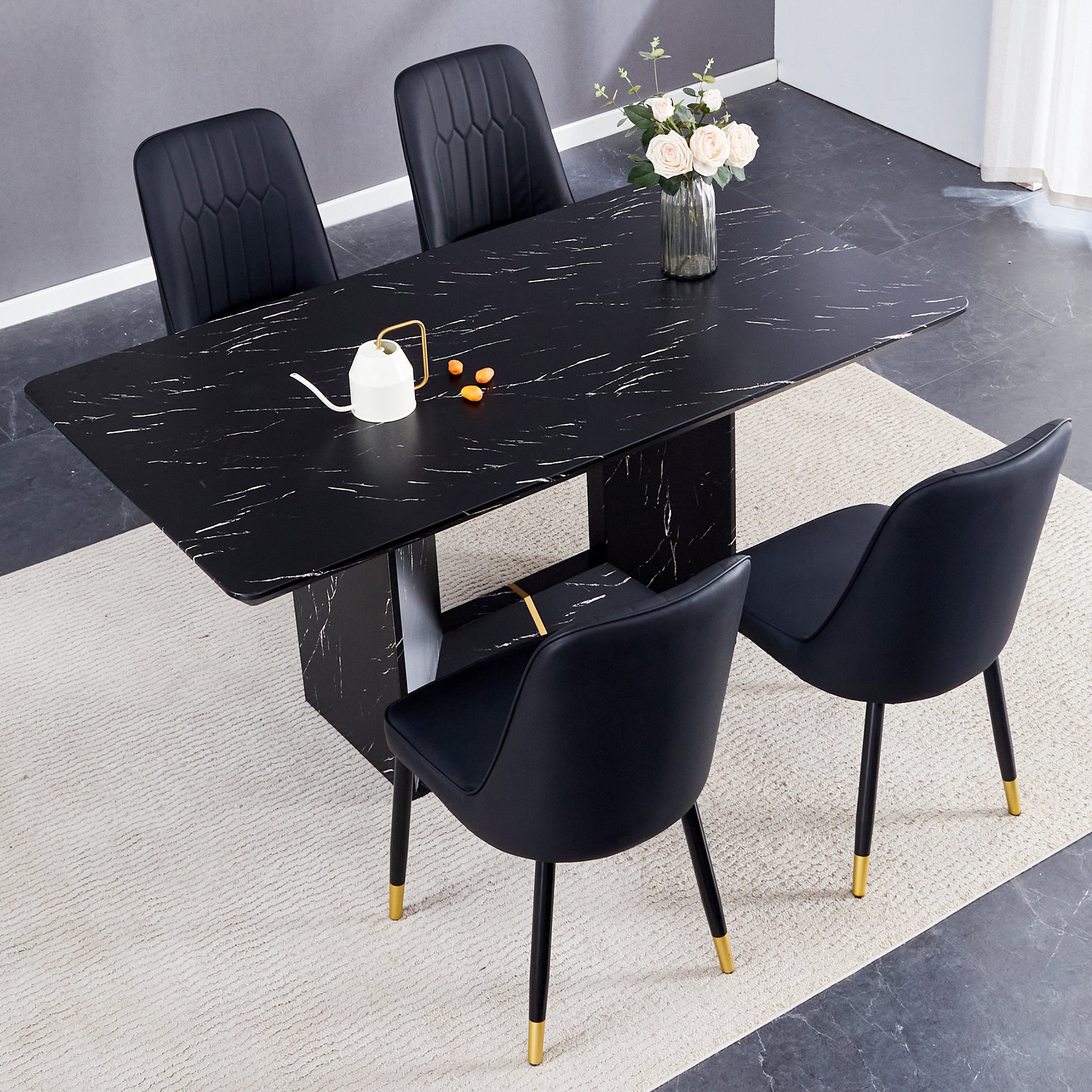 Table And Chair Set.This Modern Dining Table With Mdf Marbled Design Gives You A Luxurious And Elegant Feel.Paired With Multiple Chairs With Pu Artificial Leather Backrest Cushions And Black Legs. Black Seats 4 Mdf