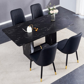 Table And Chair Set.This Modern Dining Table With Mdf Marbled Design Gives You A Luxurious And Elegant Feel.Paired With Multiple Chairs With Pu Artificial Leather Backrest Cushions And Black Legs. Black Seats 4 Mdf