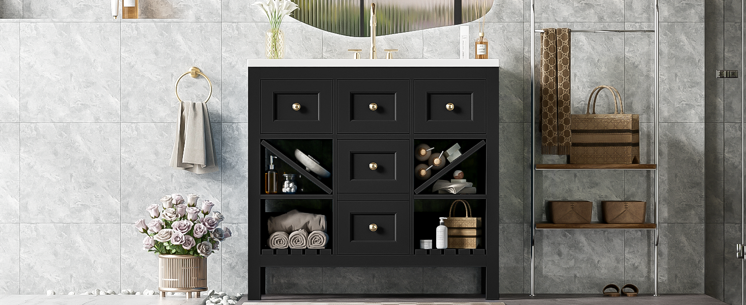 36'' Bathroom Vanity With Resin Sink Combo, Solid Wood Frame Bathroom Storage Cabinet, Freestanding Vanity Set With 5 Drawers& Soft Closing Doors Same As Sw000141Aab Black Bathroom Solid Wood Mdf Resin