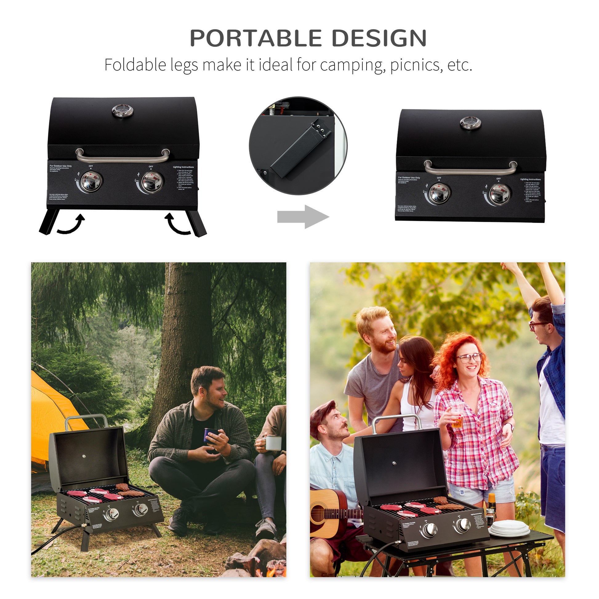 Outsunny 2 Burner Propane Gas Grill Outdoor Portable Tabletop Bbq With Foldable Legs, Lid, Thermometer For Camping, Picnic, Backyard, Black Black Carbon Steel