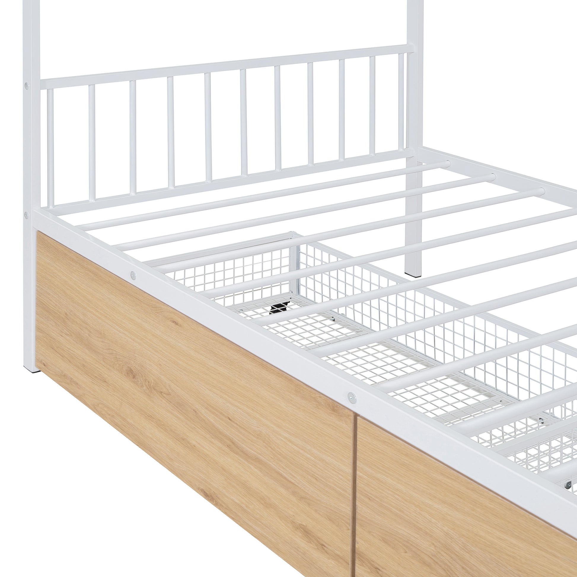 Twin Size Metal House Bed With Two Drawers, White Twin White Metal