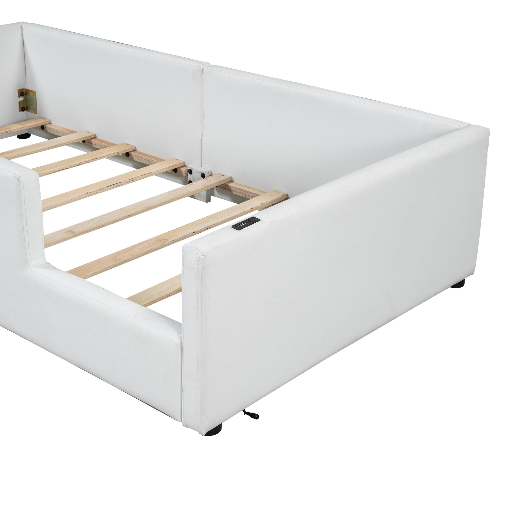 Twin Size Upholstered Platform Bed With Guardrail And Charging Station, White Box Spring Not Required Twin White Upholstered