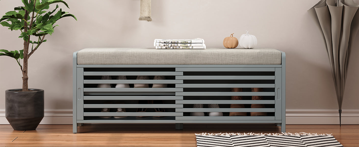 Distressed Shutter Storage Bench With Acacia Veneer For Retro Charm For Living Room, Entryway Grey Grey Mdf