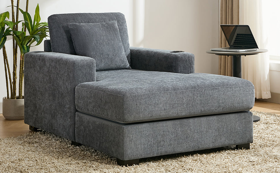 39.7" Oversized Chaise Lounger Modern Style Sofa Couch ,With Pillows, Charge Station & Cup Holders, Chenille Fabric, Blue Gray Blue Gray Chenille