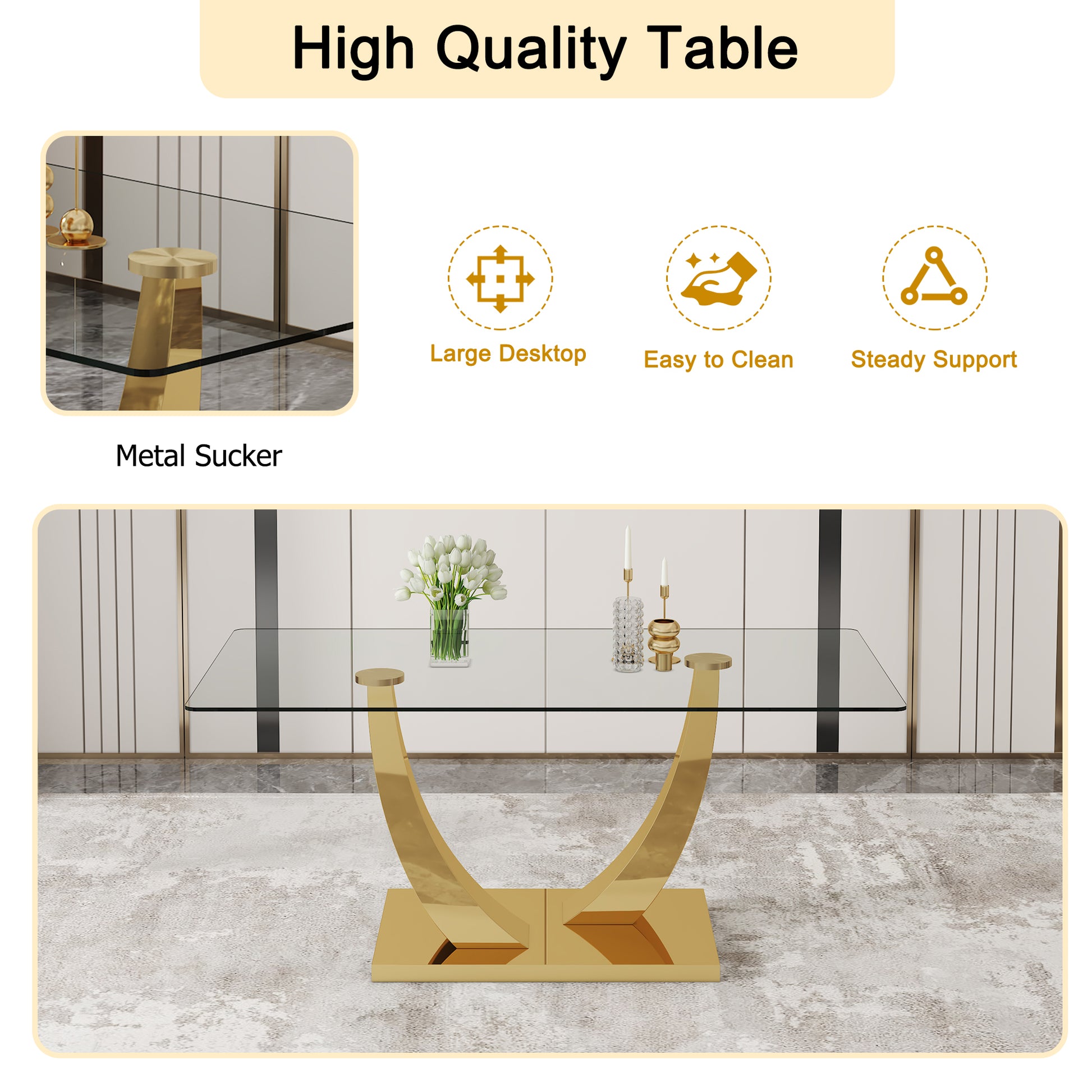Table And Chair Set.Modern Rectangular Dining Table With Transparent Tempered Glass Tabletop And Gold Plated Metal Legs.Paried With 8 Comfortable Chairs With Pu Seats And Golden Metal Legs. Grey Gold,Transparent Seats 8 Glass Metal