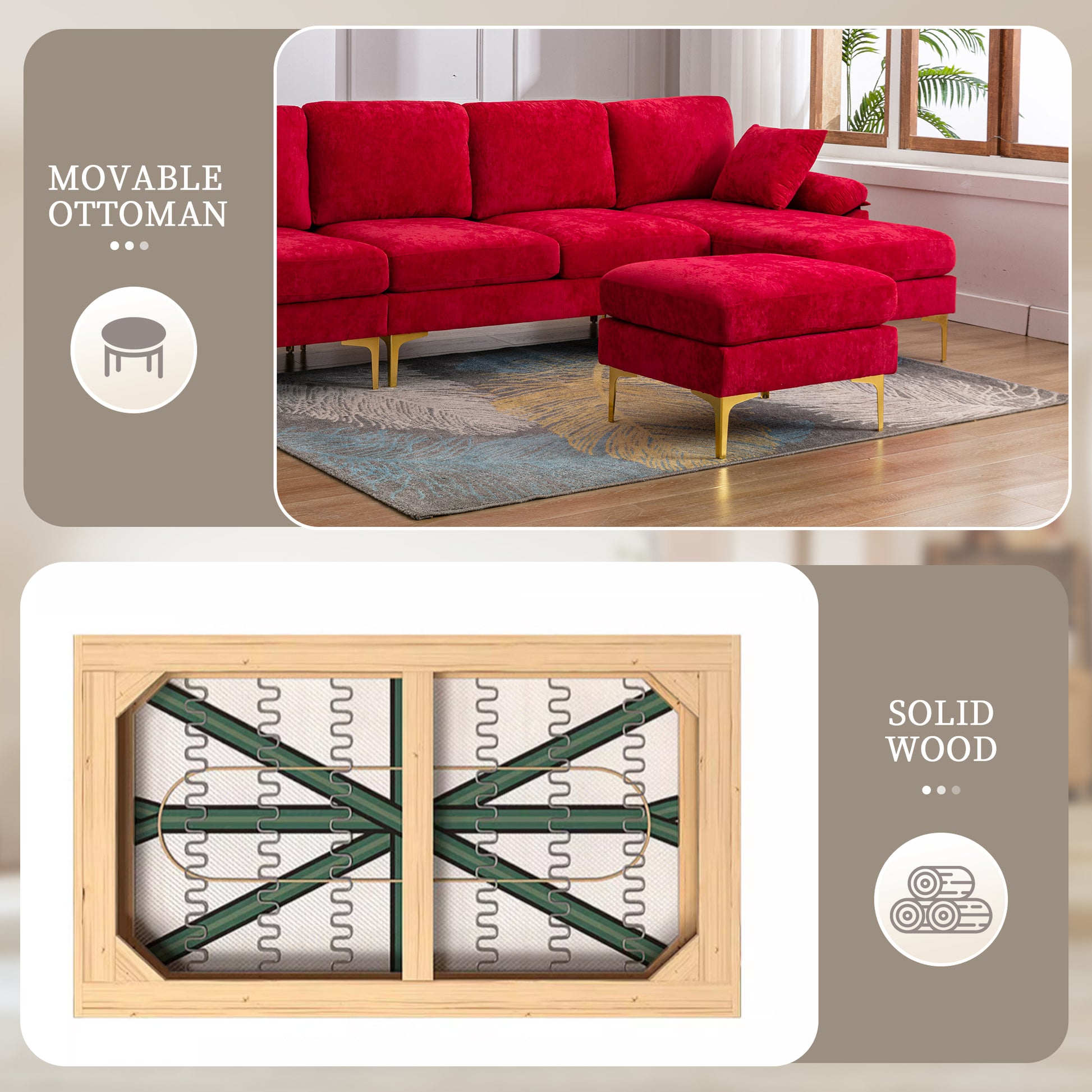 Coolmore U Shape Sectional Sofa With Ottomanreversible Sofa Couch For Living Room,Spacious Furniture,Durable Couch Removable And Machine Washable Cover Red Velvet Red Primary Living Space Foam Velvet 4 Seat