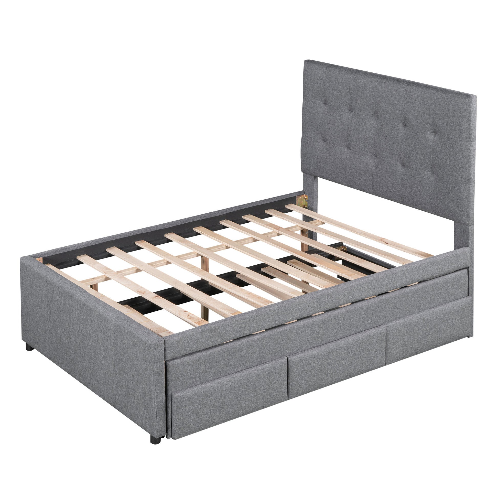 Full Size Upholstered Platform Bed With Pull Out Twin Size Trundle And 3 Drawers, Gray Full Gray Upholstered