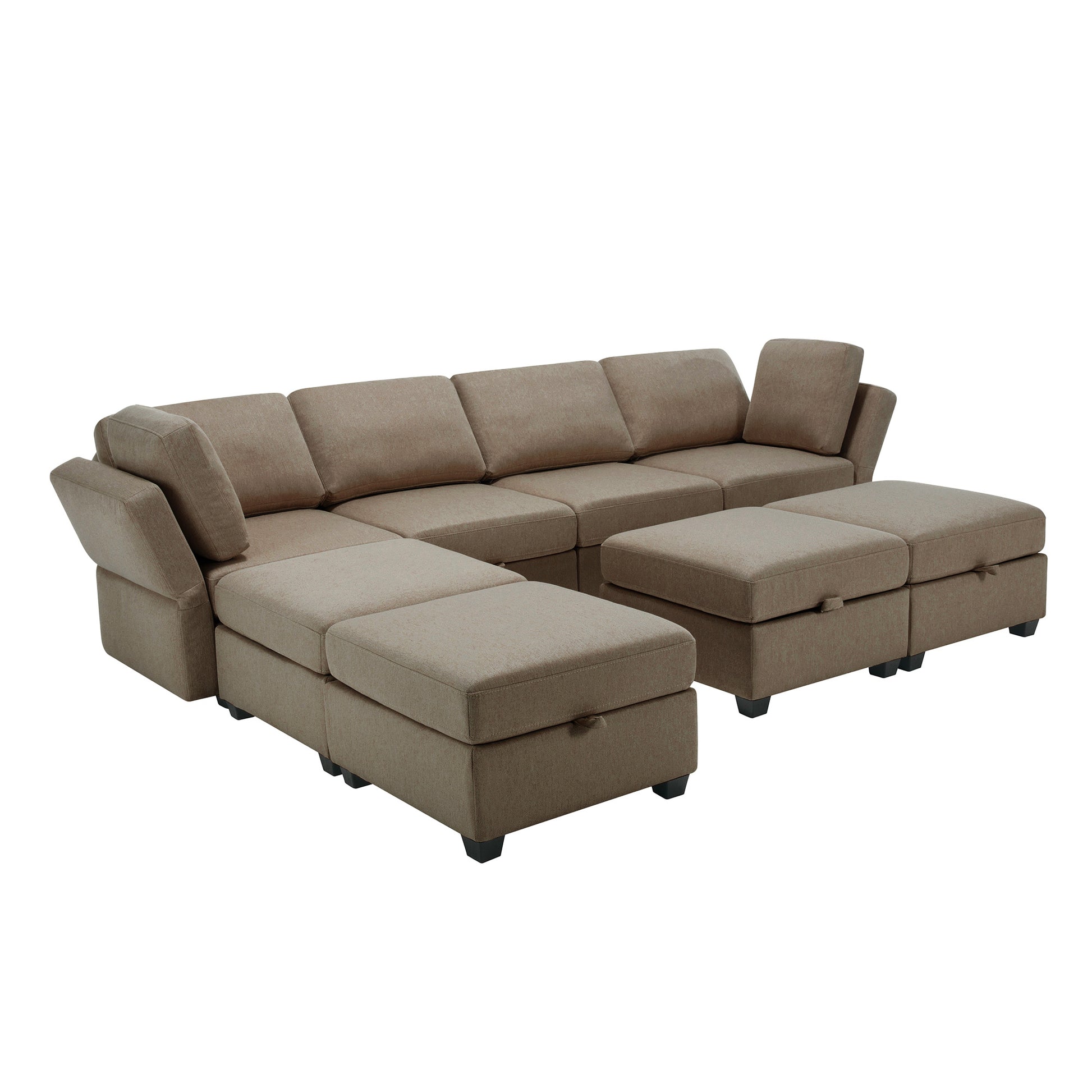 Adjustable Arms And Backs Sectional Sofa, Modern Sectional Couch U Shaped Sofa Couch With Storage Ottoman, Sofa With Convertible Chaise Brown Brown Polyester 4 Seat