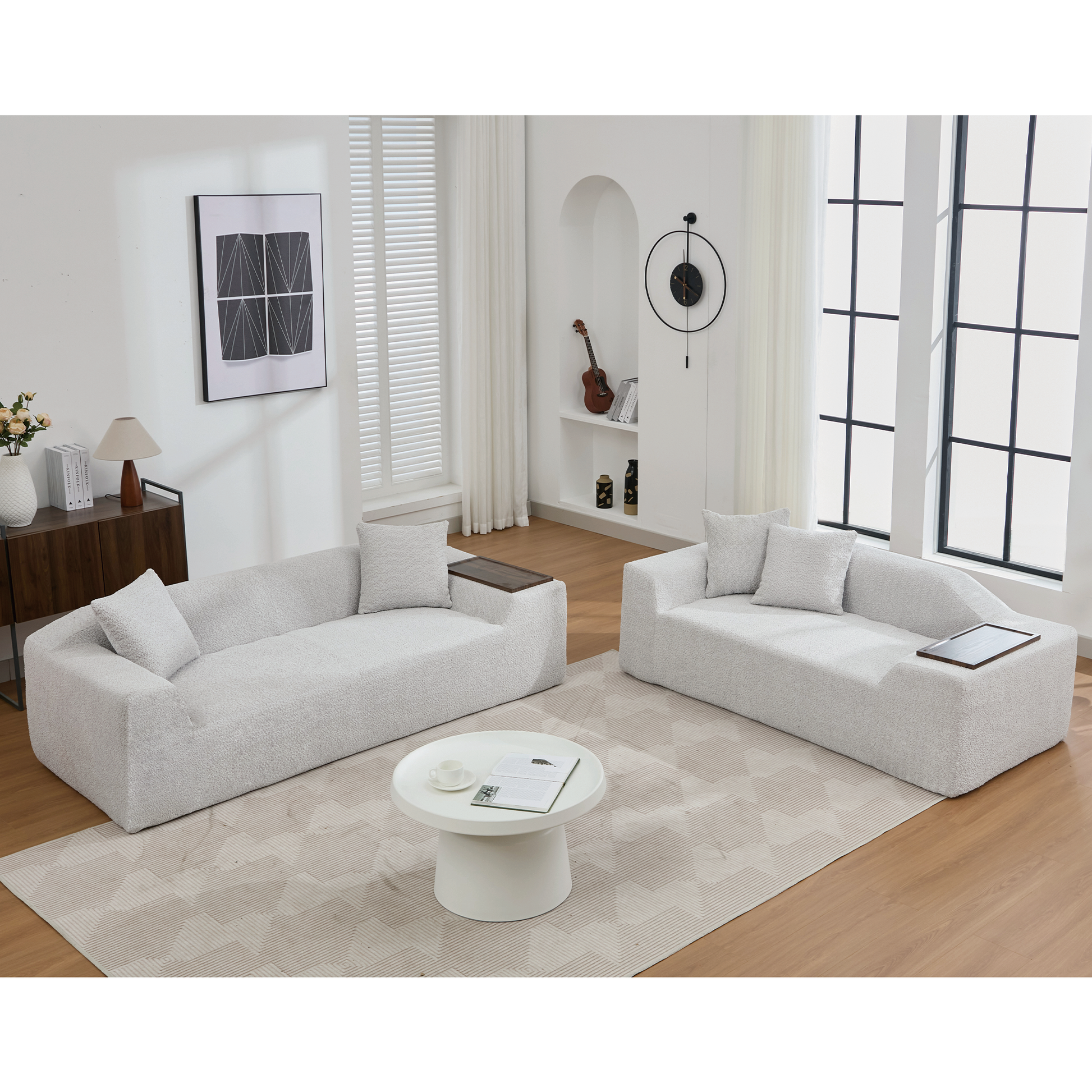 Arrived 2 Piece Boucle Cloud Sofa Set, Upholstered Sofa Set, Modern 3 Seater And 2 Seater Sofa With Mdf End Table For Living Room ,Apartment,3 2 Couch,Boucle, Light Gray Light Gray Polyester Primary Living Space Soft Tight Back Modern Square Arms Foam