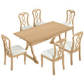 Retro 7 Piece Trestle Dining Table Set With Upholstered Dining Chairs, Smooth Dining Backs For Dining Room, Living Room, Kitchen, Natural Upholstered Chair Wood Natural Beige Seats 6 Wood Dining Room Solid Wood Rubberwood Trestle Rectangular Foam Dining