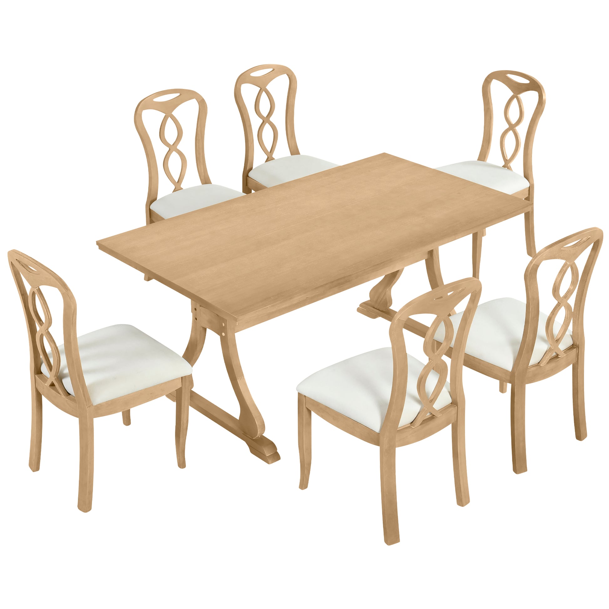 Retro 7 Piece Trestle Dining Table Set With Upholstered Dining Chairs, Smooth Dining Backs For Dining Room, Living Room, Kitchen, Natural Upholstered Chair Wood Natural Beige Seats 6 Wood Dining Room Solid Wood Rubberwood Trestle Rectangular Foam Dining