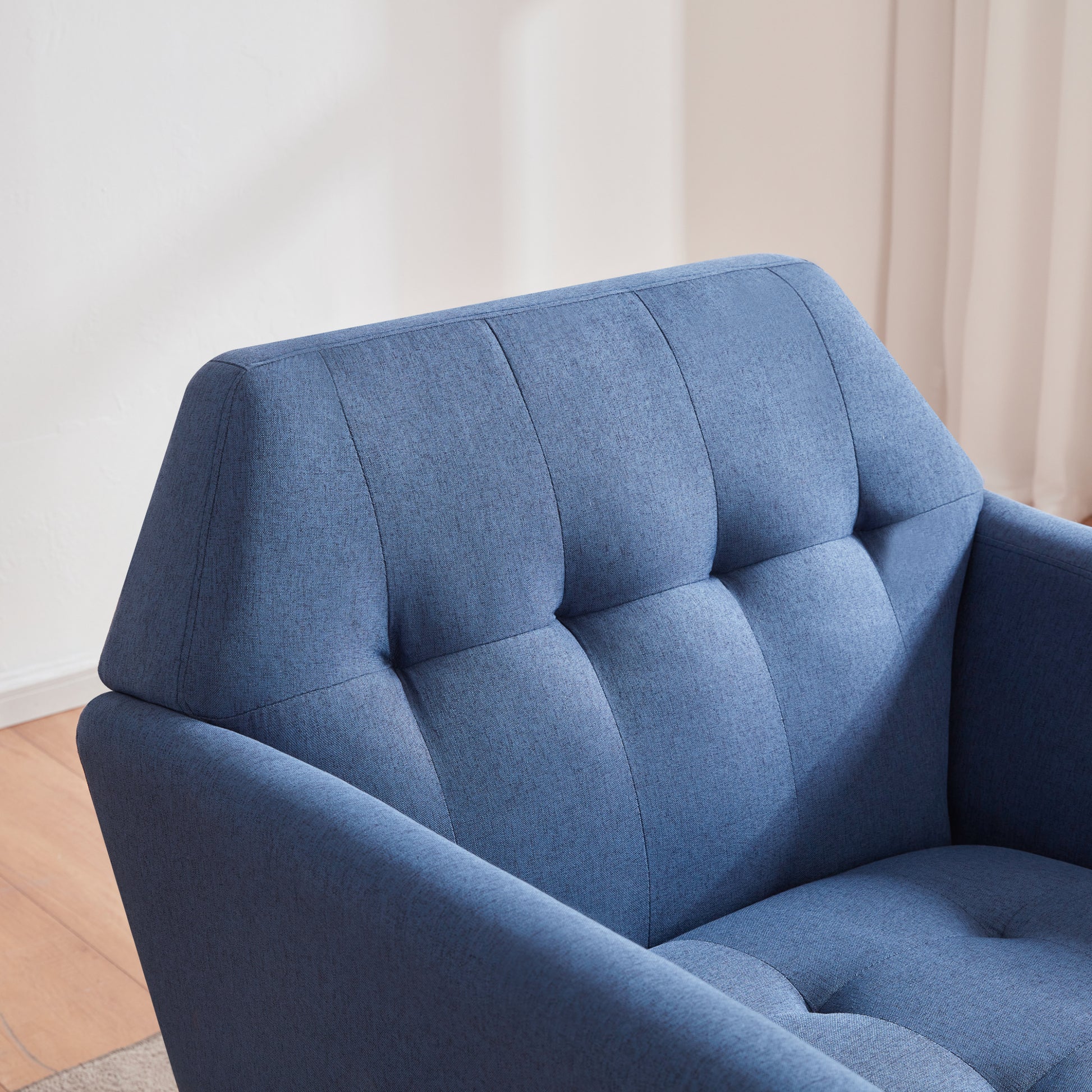 Accent Chairs For Bedroom, Midcentury Modern Accent Arm Chair For Living Room, Linen Fabric Comfy Reading Chair, Tufted Comfortable Sofa Chair, Upholstered Single Sofa Blue Solid Wood