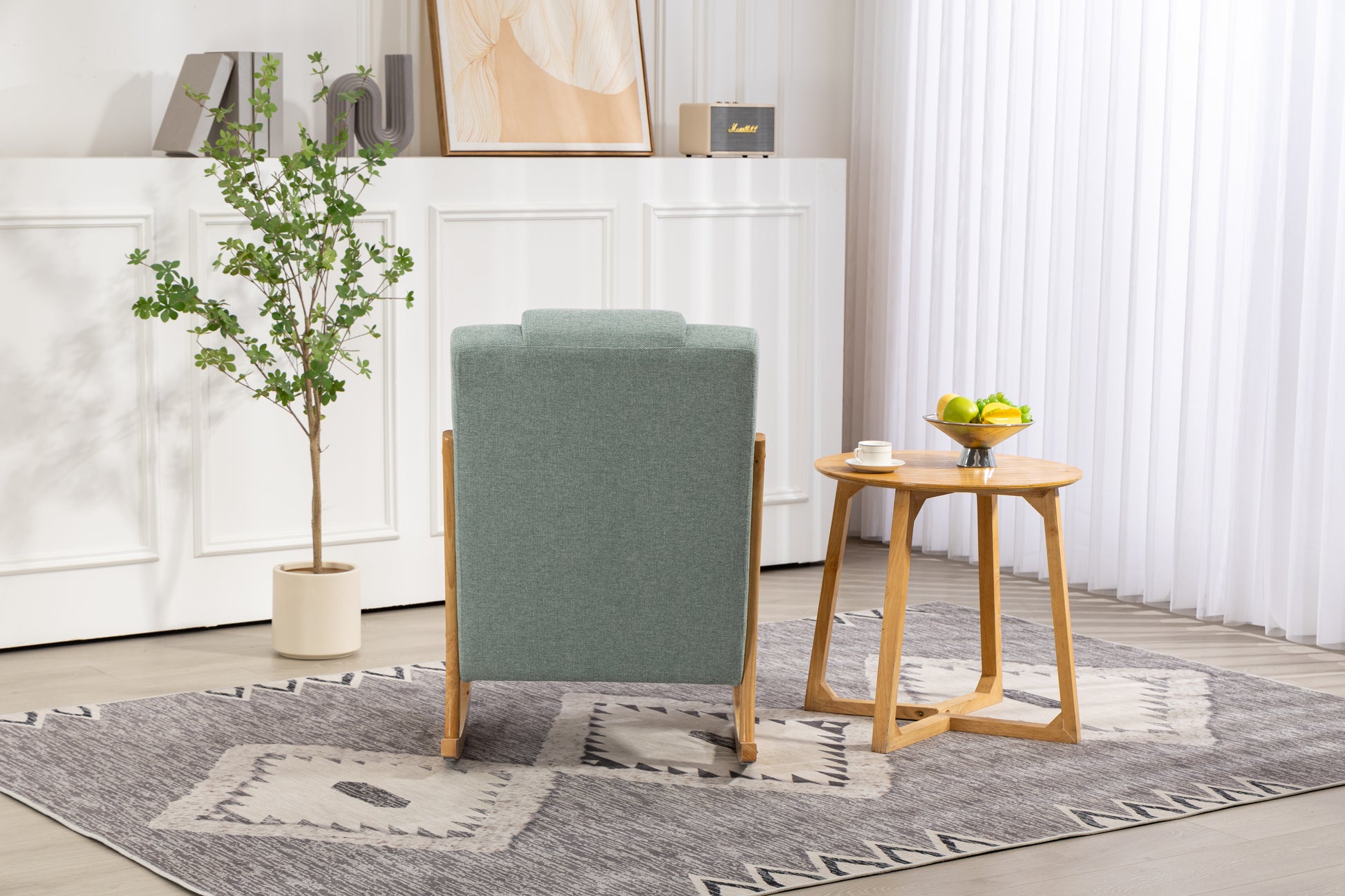 Rocking Chair Upholstered Fabric Rocking Armchair Indoor With High Backrest Glider Chairs And Lumbar Pillow For Living Room Light Green Linen