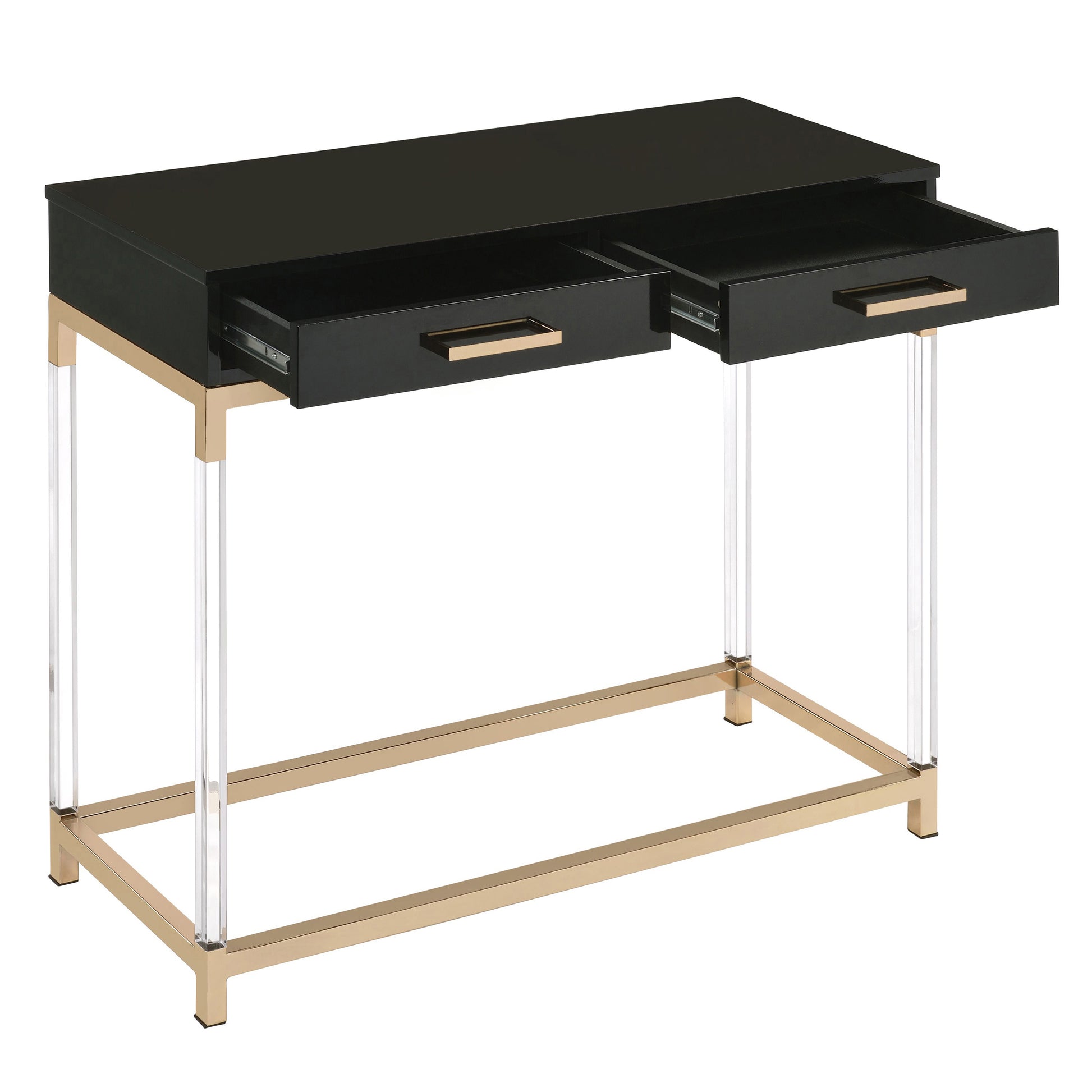Black High Gloss And Gold Console Table With 2 Drawers Black Gold Primary Living Space Modern Drawers Rectangular Wood Metal