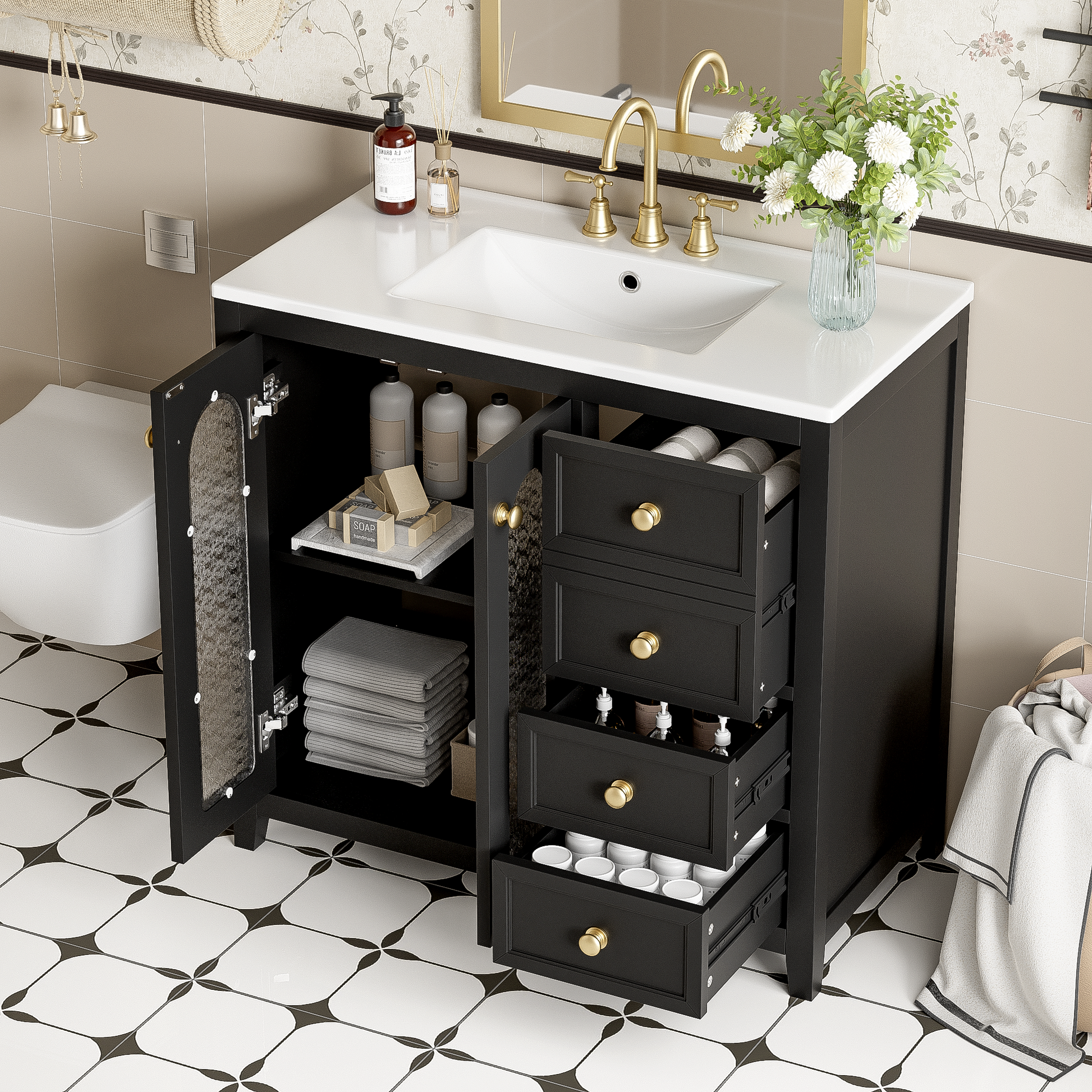36 Inch Bathroom Vanity With Two Soft Close Doors, Adjustable Shelves And Three Soft Close Drawers Black Bathroom Solid Wood Mdf