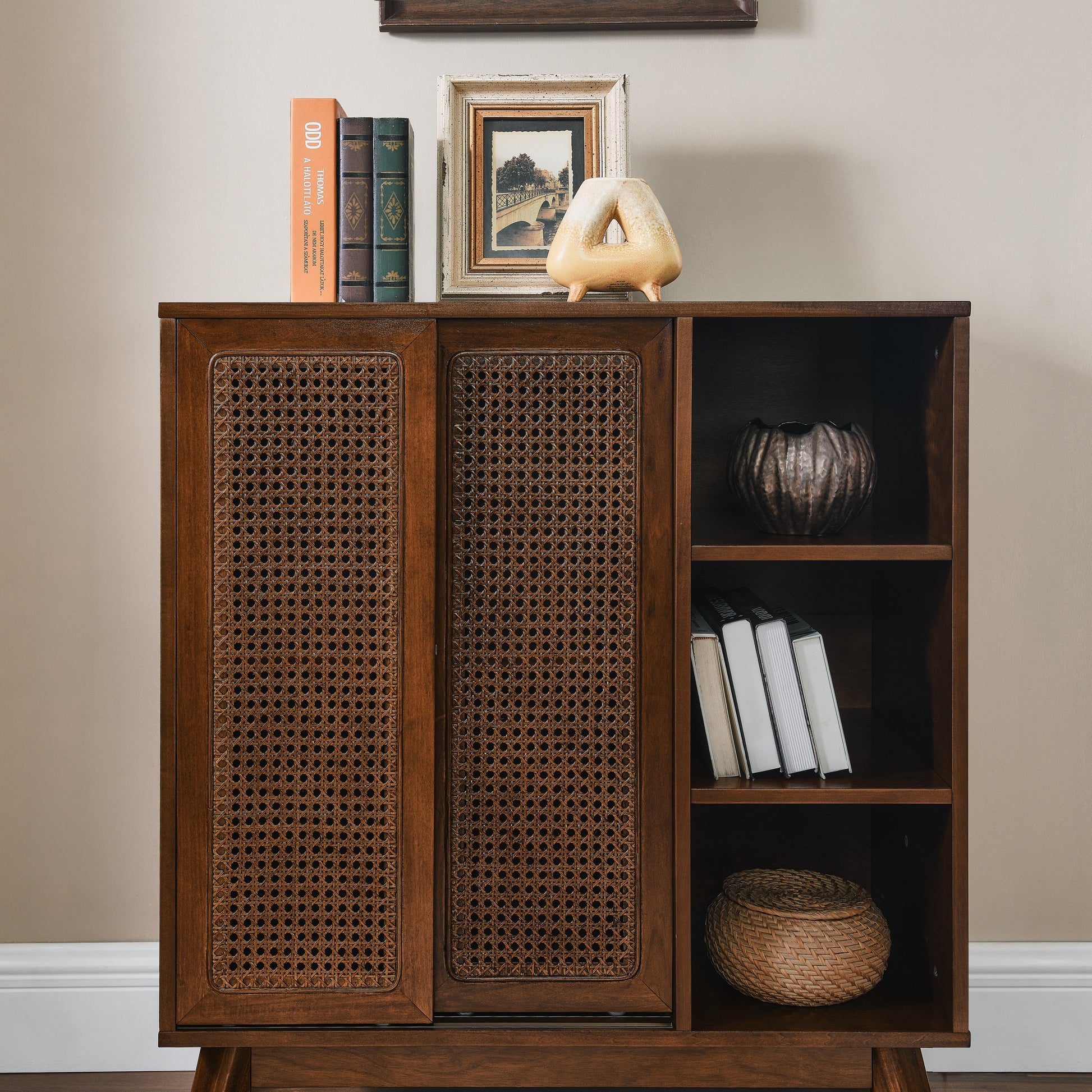 Mid Century Modern Rattan Sideboard Cabinet, Buffet Cabinet For Entryway Hallway Living Room Kitchen Dining Room Bedroom, Adjustable Shelf & Solid Wood Feet & Rattan Cabinet Doors Dark Wood Walnut