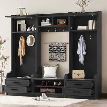 4 In 1 Detachable Hall Tree With Storage And 7 Hooks, Multiple Functions Hallway Coat Rack With Storage Drawers And Cabinet, Black Shoe Bench For Entryway Hallway Black Particle Board Mdf