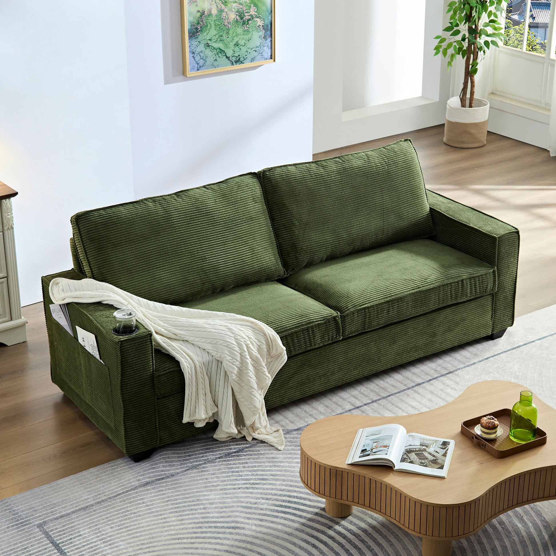 Corduroy Sofa, 87.4 Inch Modern Design Sofa With Cup Holder And Storage Bags, Deep Seat Sofa Couch,Comfy Couch For Living Room,Apartment,Green Green Corduroy 3 Seat