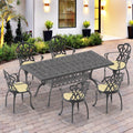 Cushions In Random Colors 7 Piece Set Of Cast Aluminum Patio Furniture With Cushions Yes Dining Set Black Seats 6 Rust Resistant Frame Water Resistant Cushion Dining Room Complete Patio Sets Aluminium