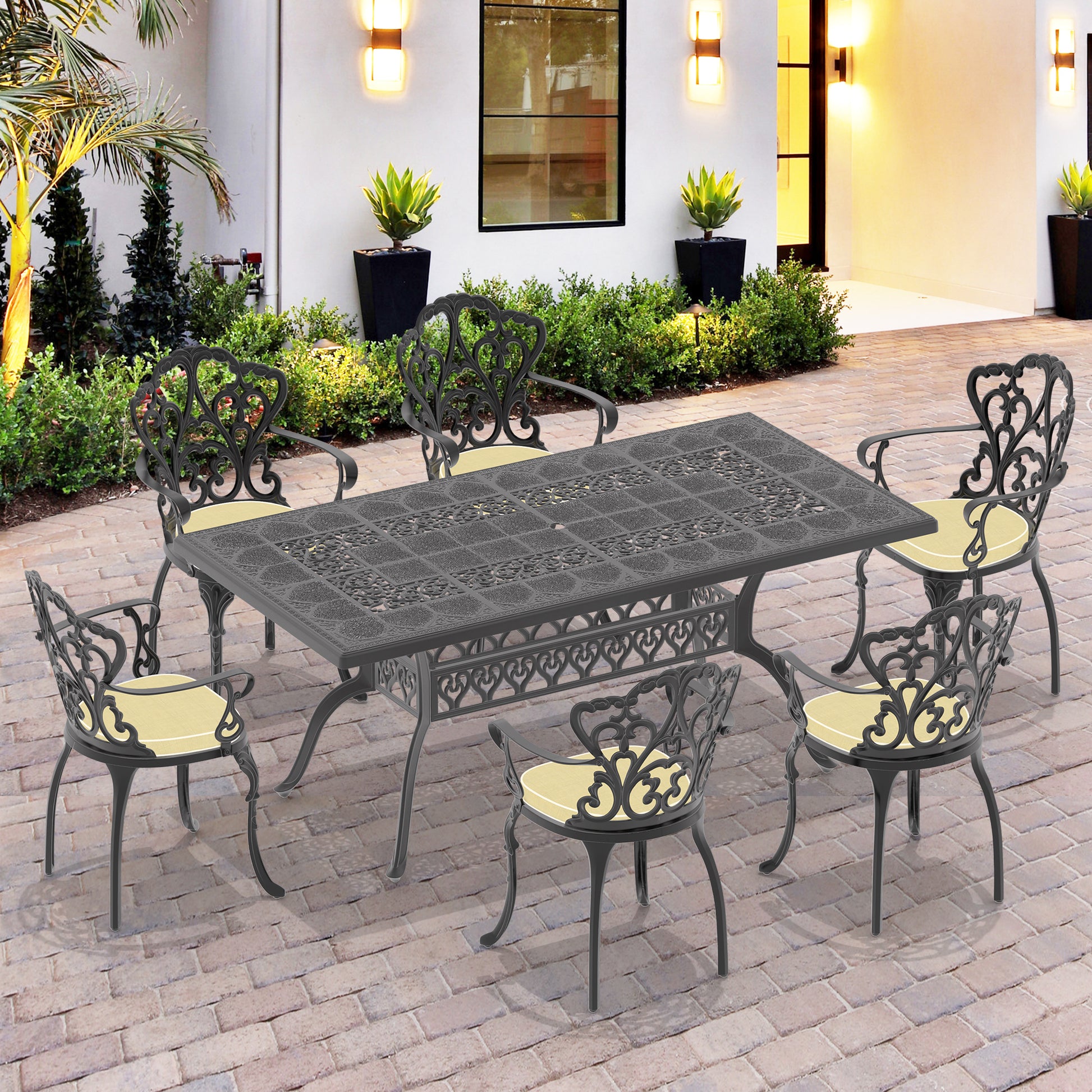 Cushions In Random Colors 7 Piece Set Of Cast Aluminum Patio Furniture With Cushions Yes Dining Set Black Seats 6 Rust Resistant Frame Water Resistant Cushion Dining Room Complete Patio Sets Aluminium