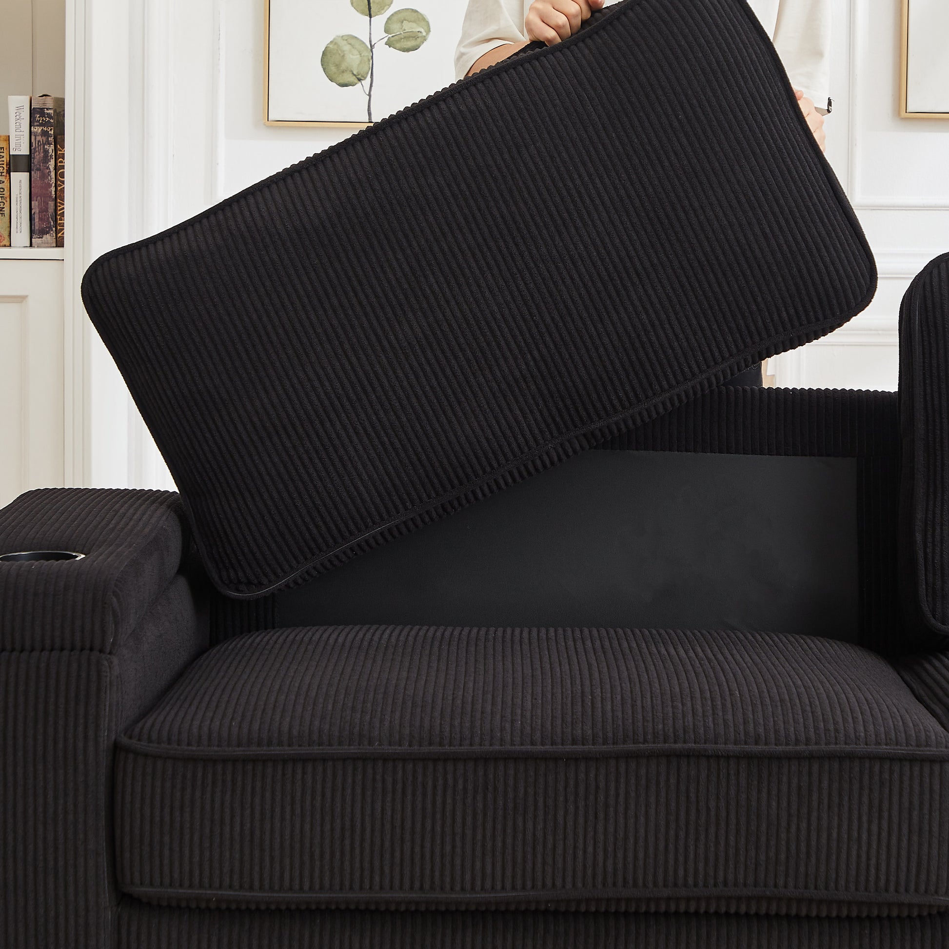 86.5 Inch Sofa Couch Deep Seat Sofa With Two Storage Spaces, T Pyce Charging Portsusb Charging Ports & 2 Cup ,Corduroy 3 Seater Couch, Modern Sofas For Living Room Black Foam Corduroy 3 Seat