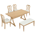 Retro 6 Piece Trestle Dining Table Set With Upholstered Dining Chairs And Dining Bench, Smooth Dining Backs For Dining Room, Living Room, Kitchen, Natural Upholstered Chair Wood Natural Beige Seats 6 Wood Dining Room Solid Wood Rubberwood Trestle