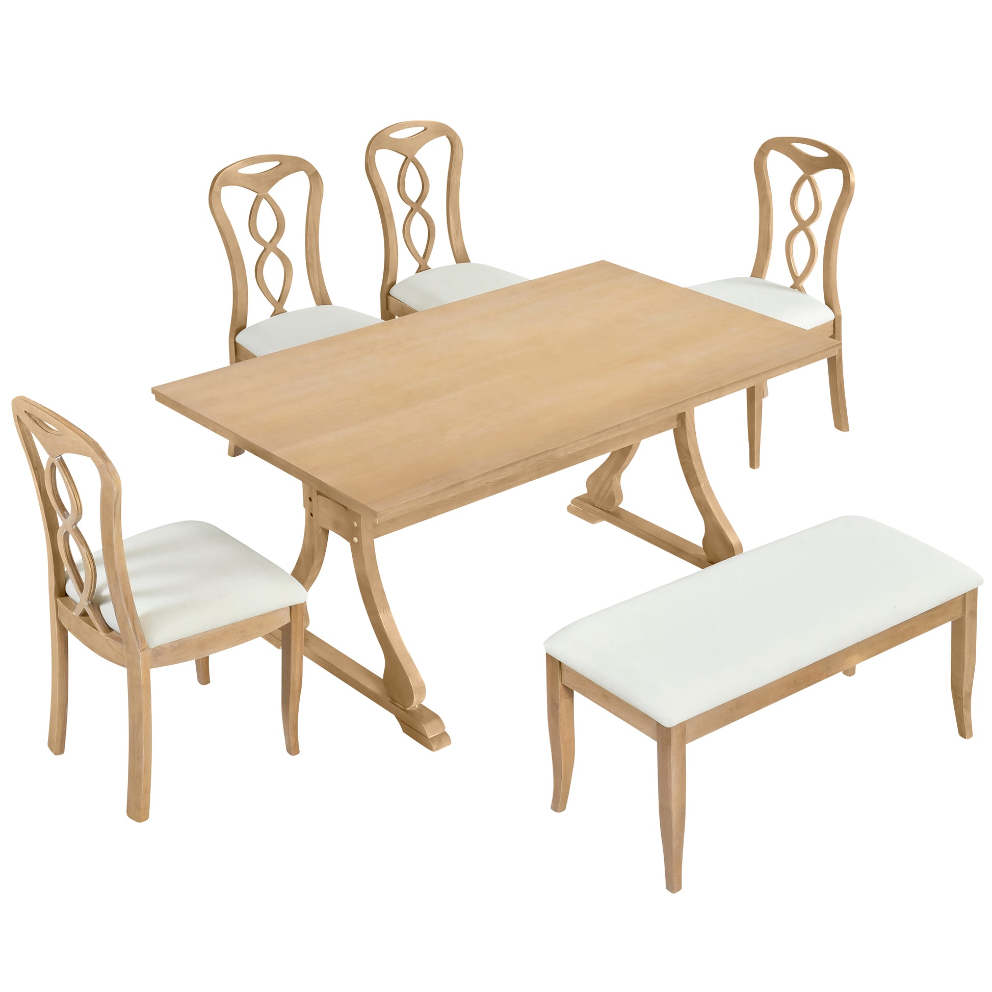 Retro 6 Piece Trestle Dining Table Set With Upholstered Dining Chairs And Dining Bench, Smooth Dining Backs For Dining Room, Living Room, Kitchen, Natural Upholstered Chair Wood Natural Beige Seats 6 Wood Dining Room Solid Wood Rubberwood Trestle