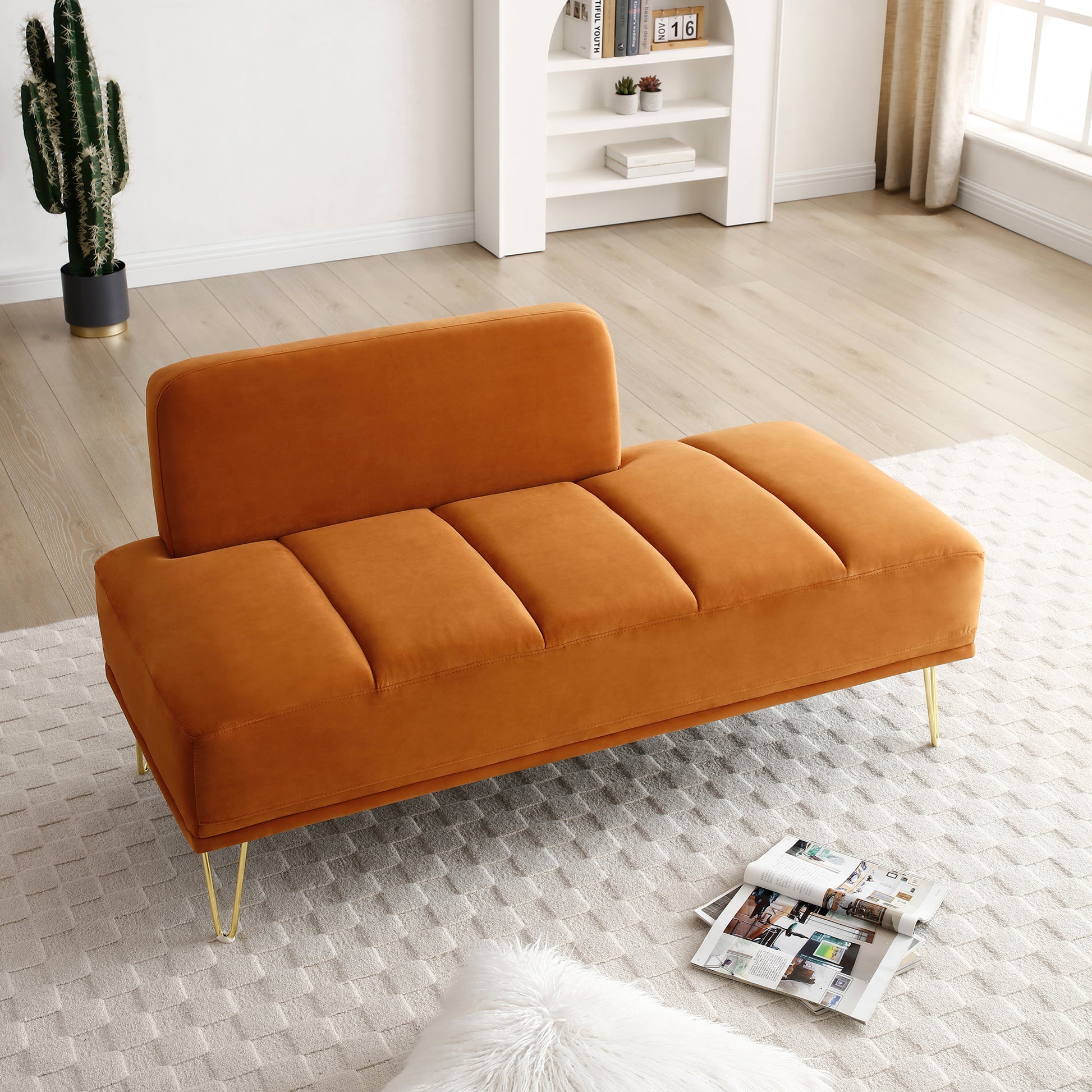 56.3"Inch Modern End Of Bed Bench,Velvet Fabric Upholstered 2Seater Sofa Couch Entryway Ottoman Bench, Fuzzy Sofa Stool Footrest ,Window Bench With Gold Metal Legs For Bedroom, Living Room,Orange Orange Velvet Wood Primary Living Space Foam Velvet 2 Seat