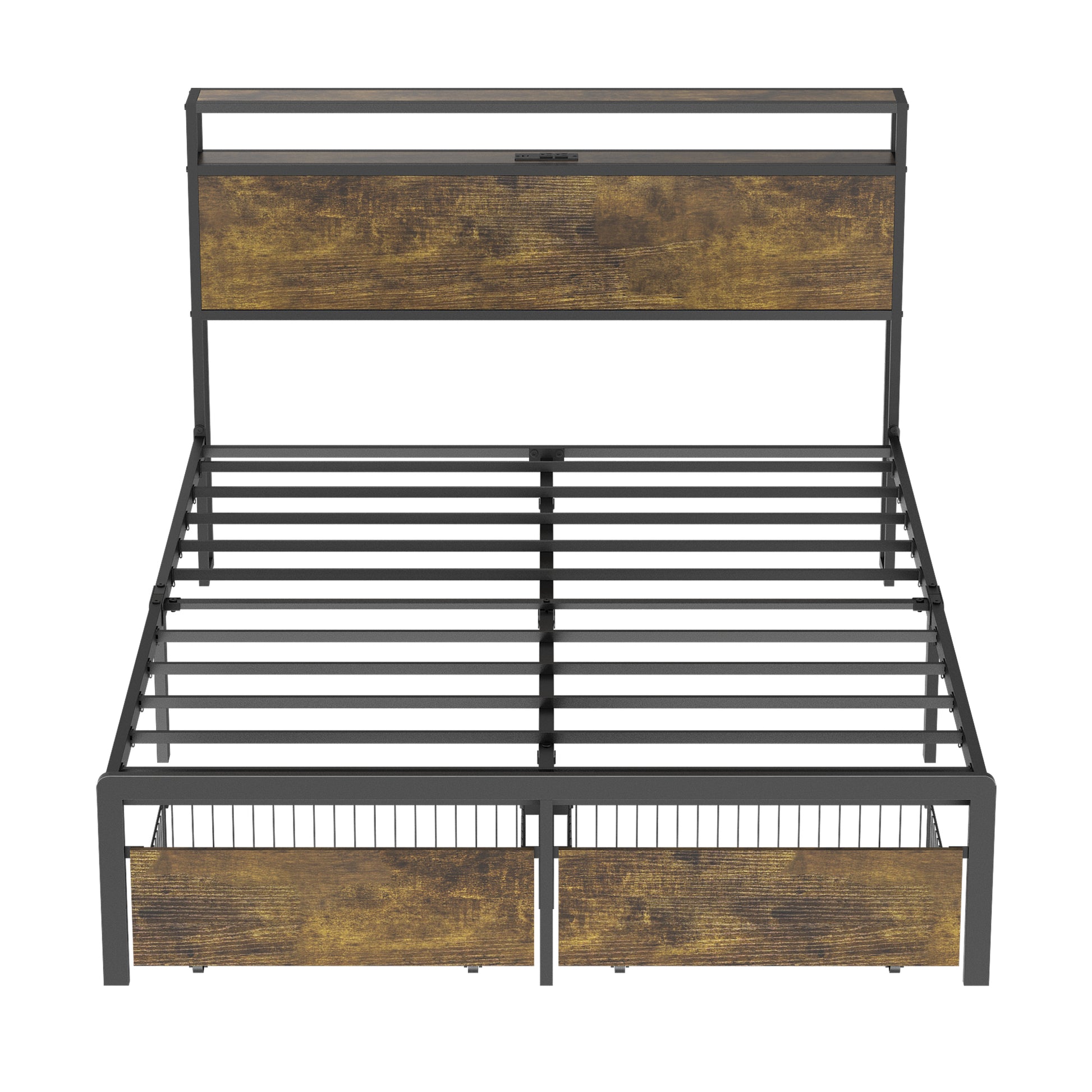 Queen Bed Frame With Led Lights And Charging Station Robust Metal Wood Construction, Rustic Wood Platform Bed Frame With 2 Drawers, No Box Spring Needed, Noise Free, Vintage Brown, Easy Assemble Box Spring Not Required Queen Black Brown Metal Brown