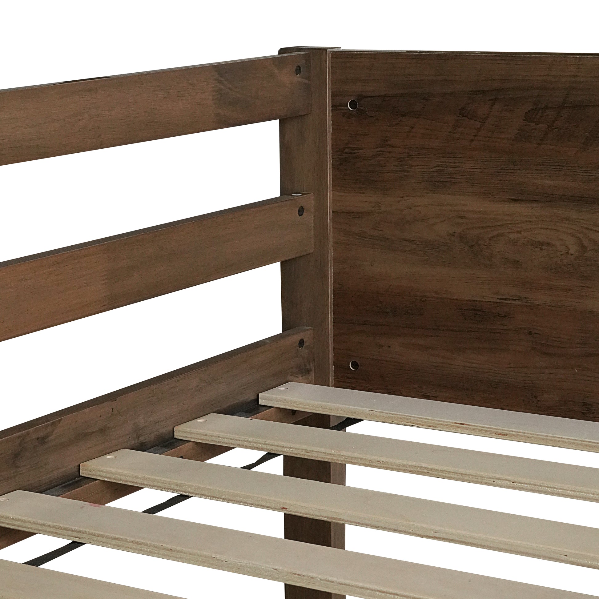 Twin Over Twin Floor Bunk Bed With Panelled Headboard And Footboard, Solid Rubber Wood Foundation With Safety Guardrails, Built In Ladder,Antique Oak Twin Antique Dark Oak Rubber Wood