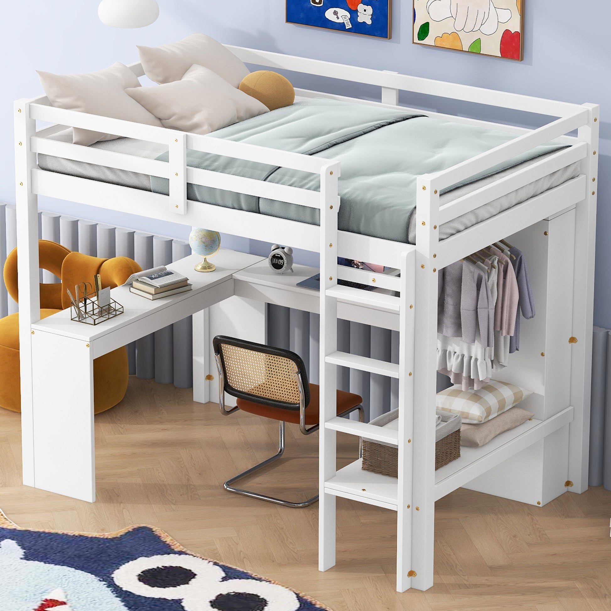 Twin Size Loft Bed With L Shaped Desk, Wardrobe And Storage Shelves, White Expected Arrival Time: 8.31 Box Spring Not Required Twin White Wood Bedroom Solid Wood Mdf