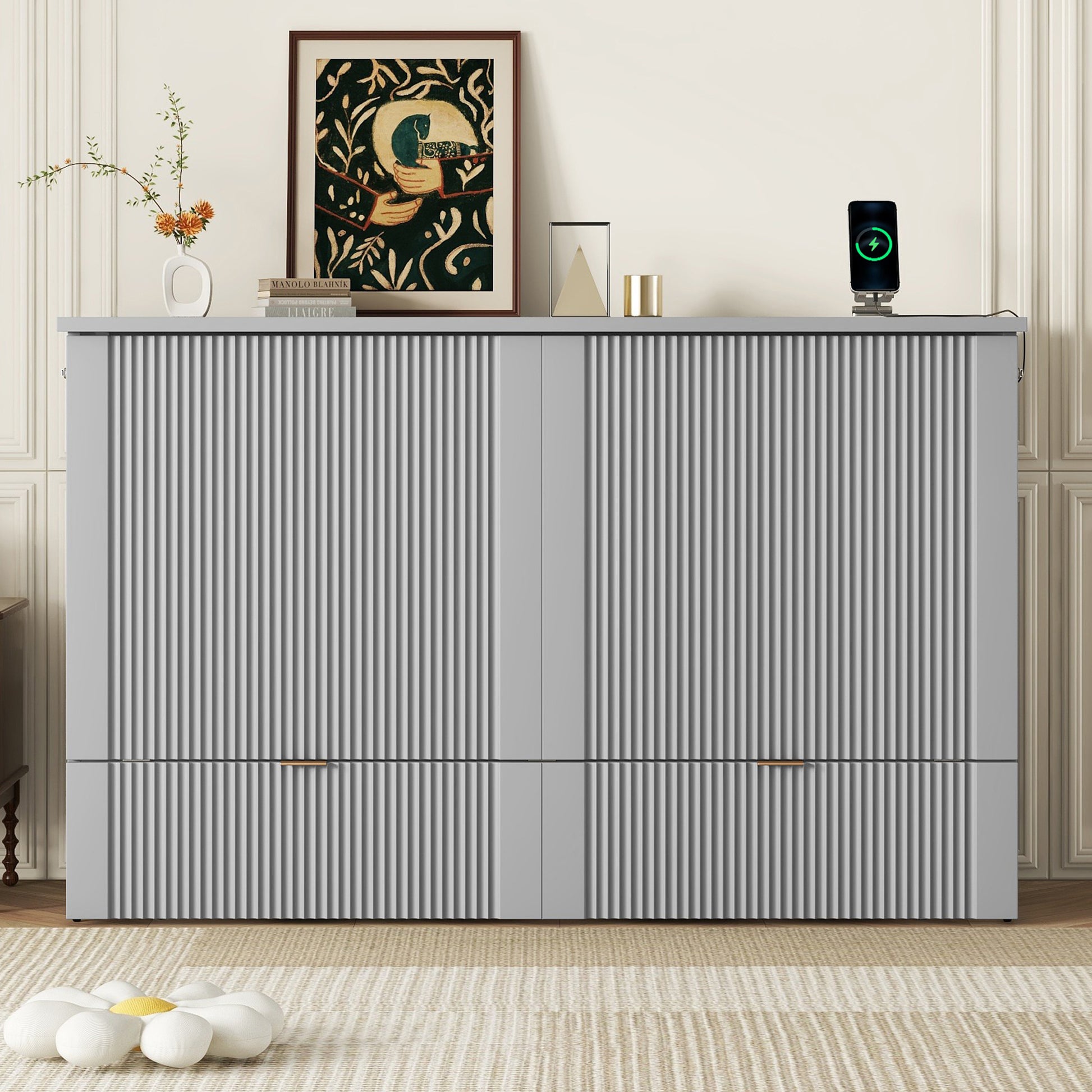 Queen Size Murphy Bed Wall Bed With Drawer And A Set Of Sockets & Usb Ports, Pulley Structure Design, Gray Queen Gray Plywood