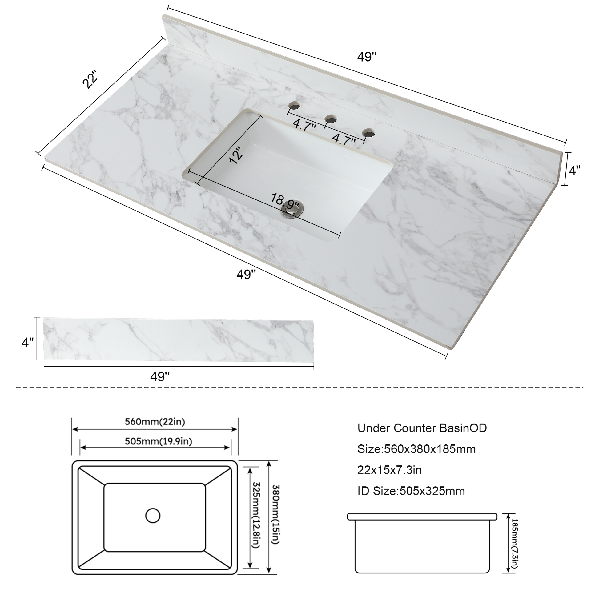 49"X22"Bathroom Vanity Top,Sintered Stone Carra Whitebarthroom Vanity Sink Tops With Rectangular Undermount Ceramic Sink With Vanity Backsplash, Three Faucet Hole Bathroom Vanity Countertop White