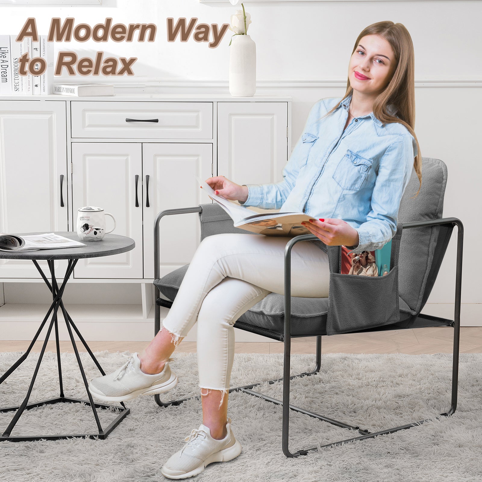 2 Sets 1 Case, Upholstered Hanging Armchair With Arm Pocket Metal Frame, Crushed Foamcushions And Skin Friendly Braid For Living Room And Bedroom. Grey Color Grey Foam Polyester