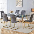 Table And Chair Set.Modern Rectangular Glass Dining Table With A Tempered Glass Tabletop And Metal Legs, Paired With Multiple Chairs Designed With Pu Cushions And Golden Metal Legs. Grey Gold Seats 6 Tempered Glass