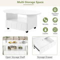 Flexible Cream Style Coffee Table With 2 Brake Wheels, Cloud Top Side Table With Drawer, Irregular Center Table With Large Storage For Living Room, White, 39.37''X 23.6'' White Particle Board