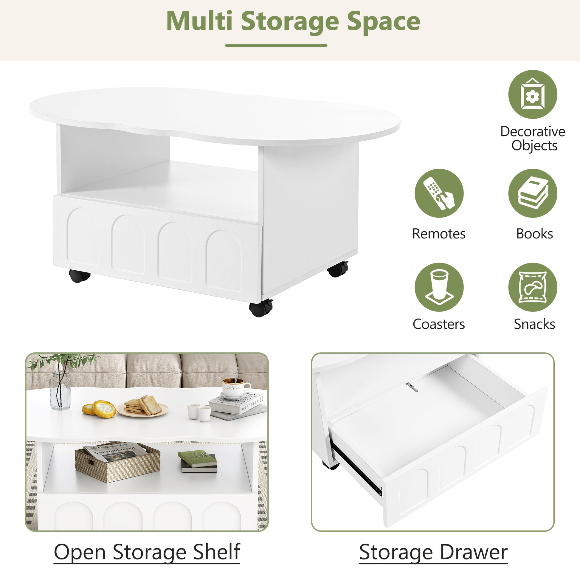 Flexible Cream Style Coffee Table With 2 Brake Wheels, Cloud Top Side Table With Drawer, Irregular Center Table With Large Storage For Living Room, White, 39.37''X 23.6'' White Particle Board