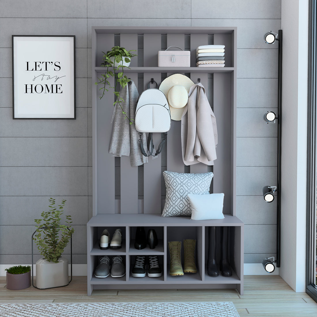 Tulcan 38" Wide Hall Tree With Bench And Shoe Storage, Entryway Bench With Coat Rack Smoke Grey Bedroom Modern Particle Board