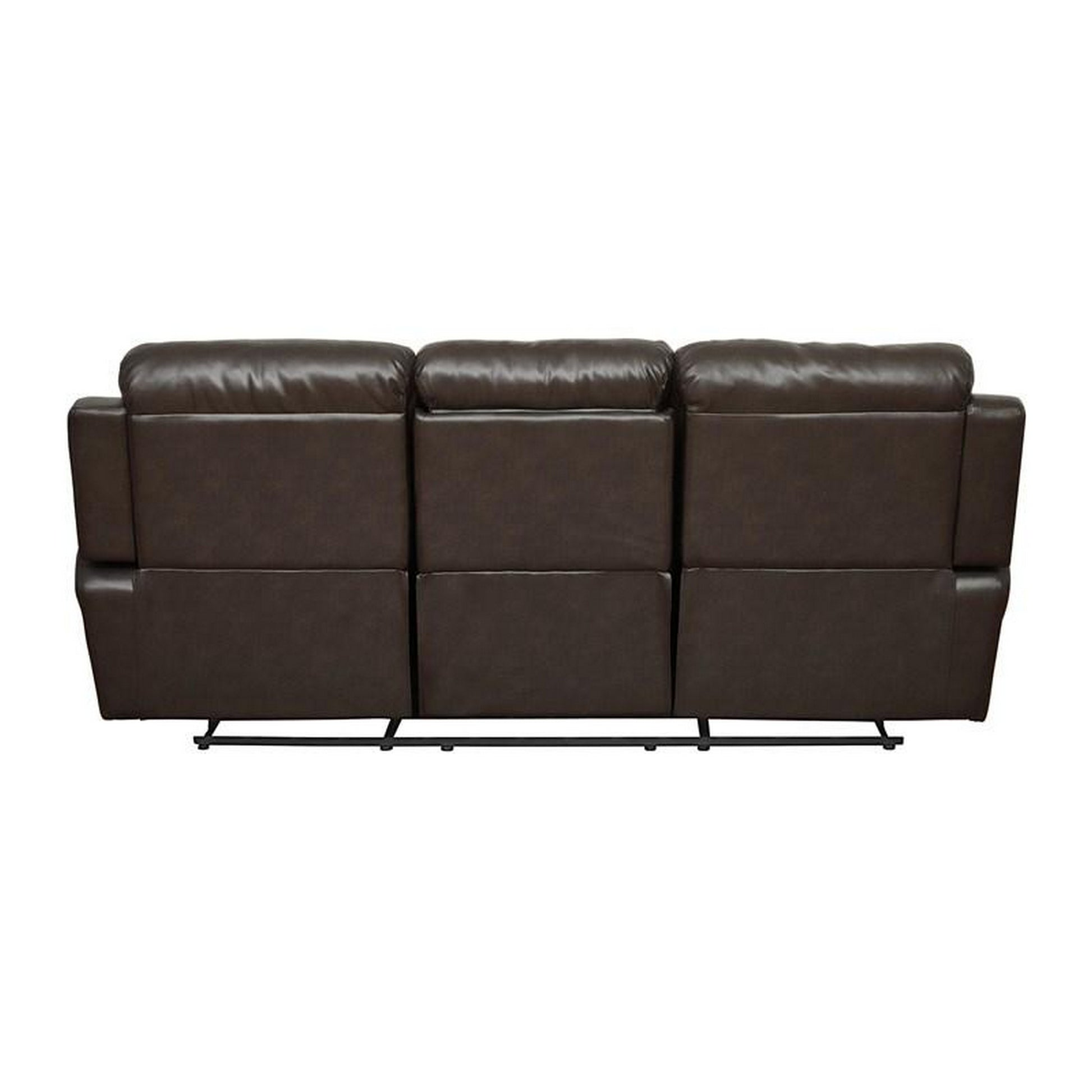 Leather Reclining Three Seater Sofa With Center Drop Down Cup Holder, Brown Brown Leather
