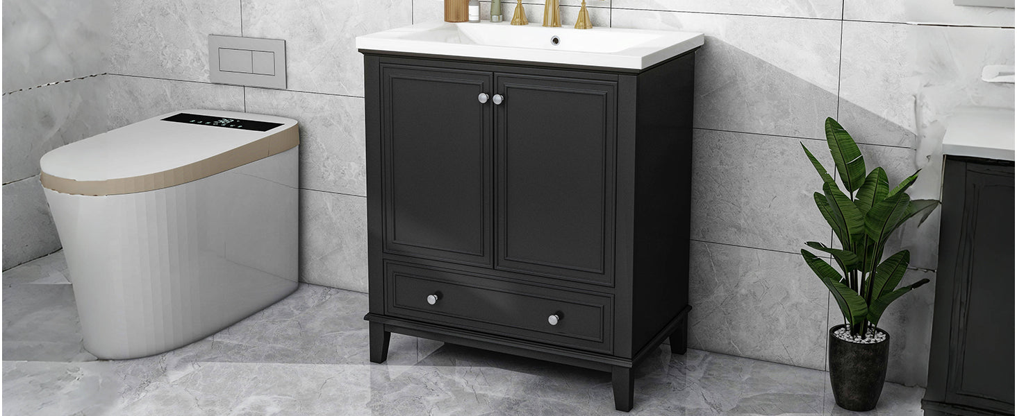 30" Bathroom Vanity With Sink Combo, Multi Functional Bathroom Cabinet With Doors And Drawer, Solid Frame And Mdf Board, Black Black Solid Wood Mdf