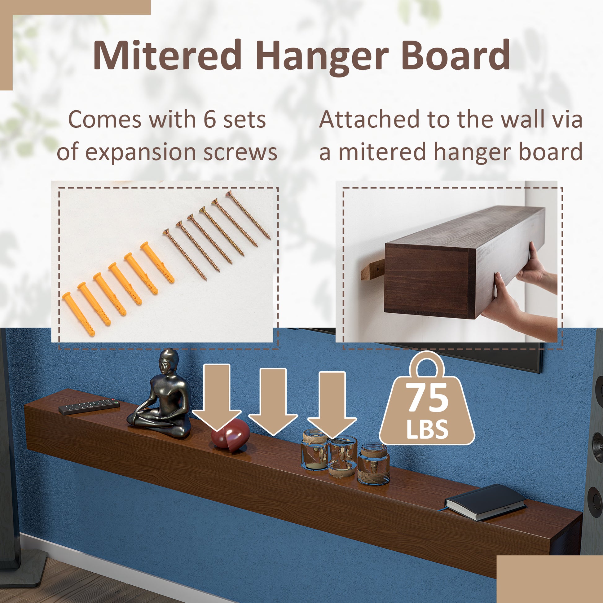 72'' Fireplace Mantel Wooden Wall Mounted Floating Shelf 8" Deep Solid Pine Wood,Brown Brown Metal & Wood