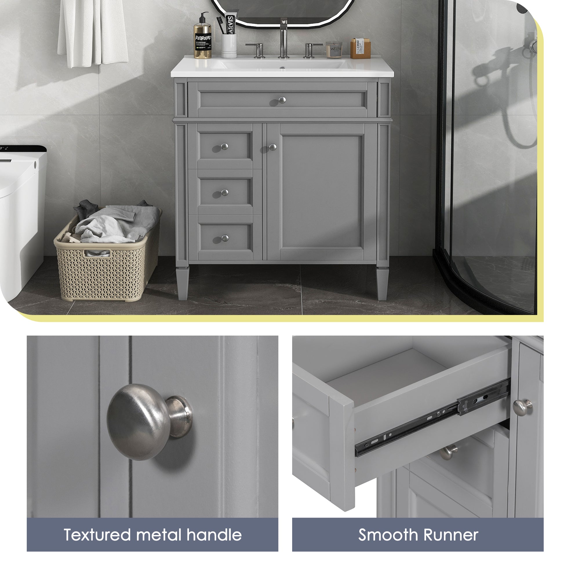 30'' Bathroom Vanity With Top Sink, Modern Bathroom Storage Cabinet With 2 Drawers And A Tip Out Drawer, Single Sink Bathroom Vanity Grey Modern Mdf Ceramic,Solid Wood Mdf