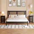 3 Pieces Bedroom Sets Queen Size Wooden Platform Bed With Natural Rattan Headboard, Nightstands Set Of 2 With Rattan Woven Surfaces And Three Drawers For Bedroom, Black Black Particle Board