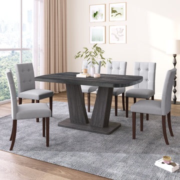 Dining Table Set For 6, 7 Piece Kitchen Table Chairs Set, 1.8" Thickness Tabletop And V Shaped Table Legs, Modern Dining Room Set With 63 Inch Dinner Table And 6 Upholstered Chairs For Dining Room Wood Gray Dining Room Classic,Mid Century Modern,Modern