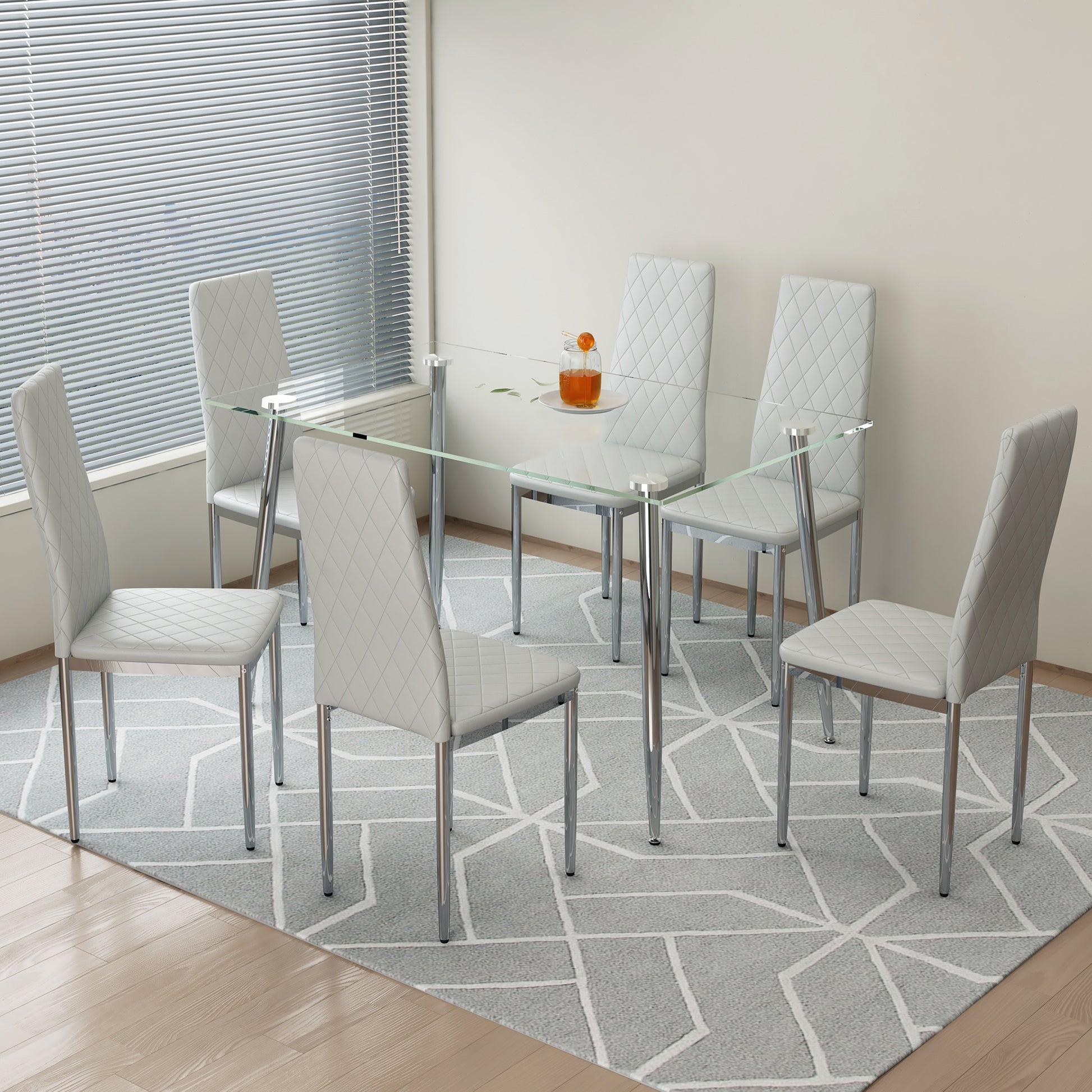 Table And Chair Set.Rectangular Dining Table With Tempered Glass Tabletop And Silver Plating Metal Legs.Paired With 6 Checkered Armless High Back Light Gray Chairs With Electroplated Metal Legs. Transparent Seats 6 Glass Metal